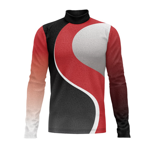 A digital print show top with a geometric design in red, black, and gray colors, featuring a turtleneck.