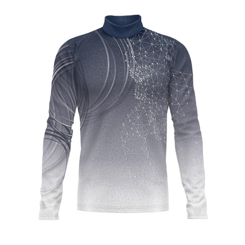 A digital print of a turtleneck performance top with a geometric pattern in shades of gray and a small amount of color.