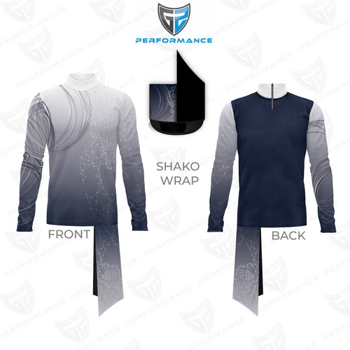 Shako wrap design with front and back views on a white background, featuring the Performance logo.