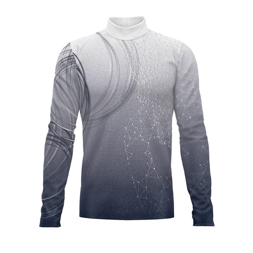 A digital print of a unisex turtleneck performance top with a geometric pattern in shades of gray and white.