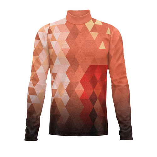 A digital print of a geometric patterned turtleneck top in shades of red and orange.