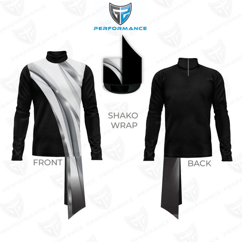 Black and white shako wrap with front and back views on a white background, featuring Performance branding.