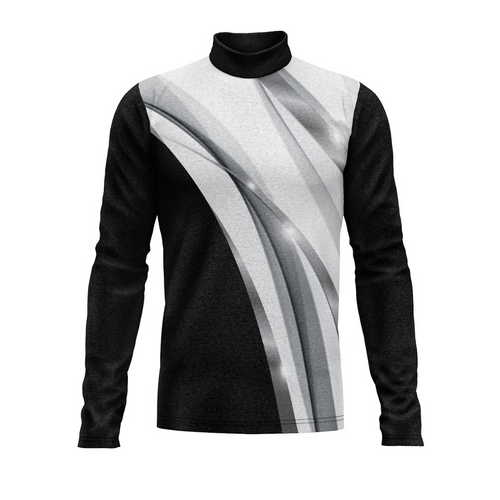 A long-sleeved black and gray performance top with a turtleneck, featuring a geometric pattern.