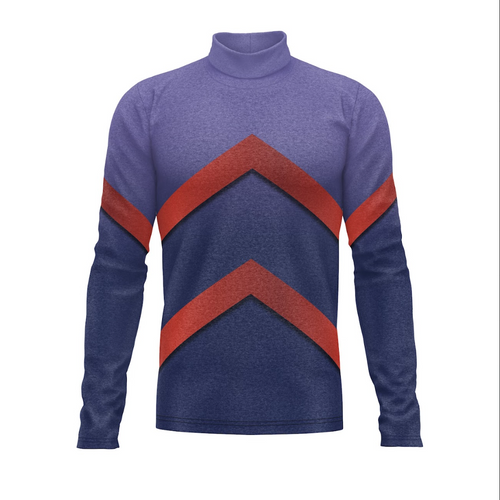 A digital print of a show top with a turtleneck design, featuring blue and red solid colors with a geometric pattern.