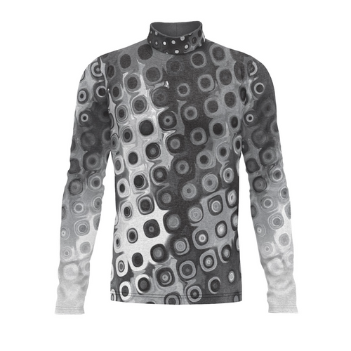 A digital print of a men's long-sleeved sports top with a geometric pattern in shades of gray.