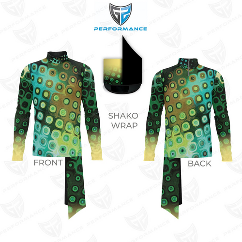 Green and black patterned shirt with 'Shako Wrap' design on a white background, featuring Performance branding.