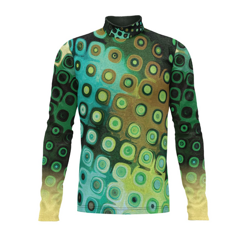 A digital print of a turtleneck performance top with a geometric pattern in green and yellow tones.