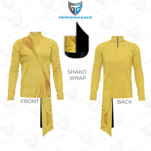 Yellow shako wrap with front and back views on a white background, featuring the Performance logo.