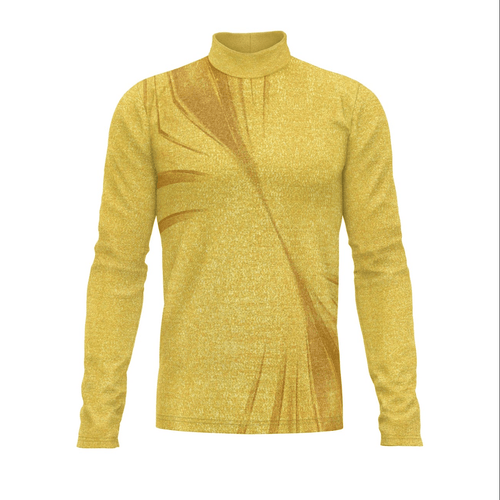 A digital print of a yellow show top with a high neck and long sleeves, featuring a geometric pattern.