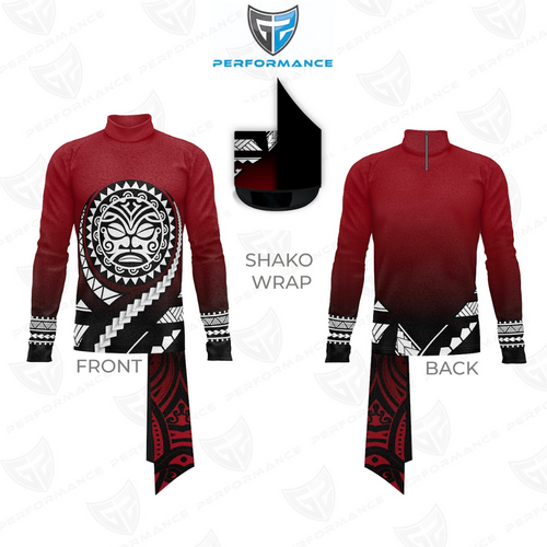 Red and black traditional wrap with geometric patterns on a white background, featuring the 'Performance' brand logo.