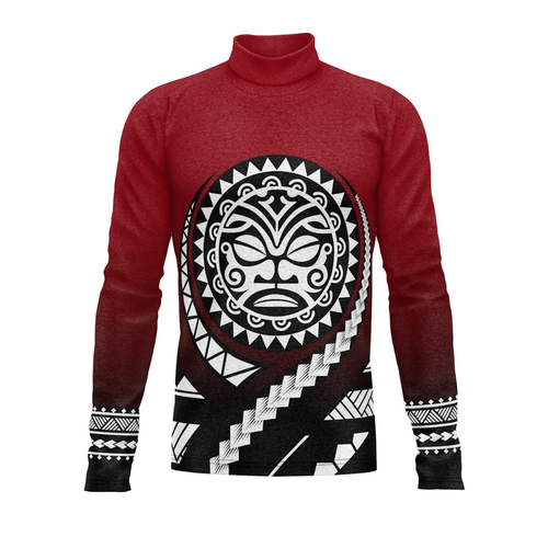 A red performance top with a graphic print in the front featuring a black face mask design, with black decorative patterns on the sleeves.