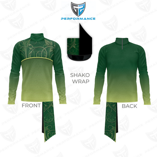 Green long-sleeve shirt with decorative patterns on a white background, featuring the 'Performance' brand logo.