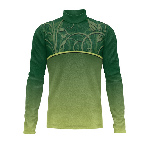 A digital print of a green show top with a leaf pattern on the upper part and a solid green color on the lower part, featuring a turtleneck design.