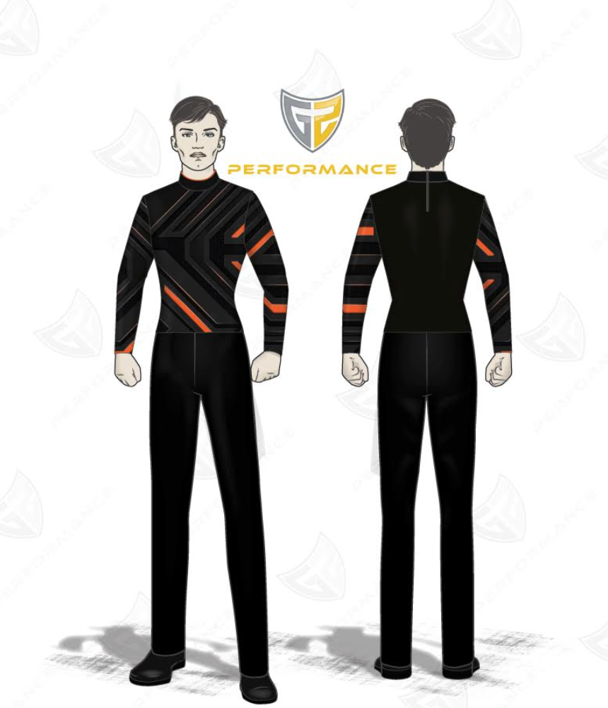 Flow Flex Top FG034 black and orange long-sleeve performance uniform shown in front and back view for marching band and athletic wear