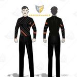 Flow Flex Top FG034 black and orange long-sleeve performance uniform shown in front and back view for marching band and athletic wear