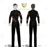 Flow Flex Top FG034 black and orange long-sleeve performance uniform shown in front and back view for marching band and athletic wear