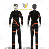 Flow Flex Top FG034 black and orange full performance uniform shown in front and back view for marching band and athletic use