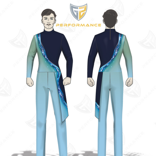 Two views of a blue and navy performance outfit with a visible brand logo on a white background.