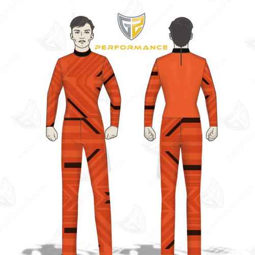 Flow Flex Top FG034.2 orange marching band performance uniform shown in front and back view with matching pants