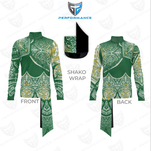 Green and white patterned shako wrap with front and back views on a white background.