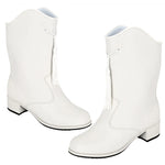 A pair of white leather ankle boots with low block heels, decorative tassel details, and a scalloped shaft, shown against a plain white background.