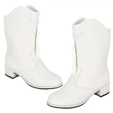 A pair of white leather ankle boots with low block heels, decorative tassel details, and a scalloped shaft, shown against a plain white background.