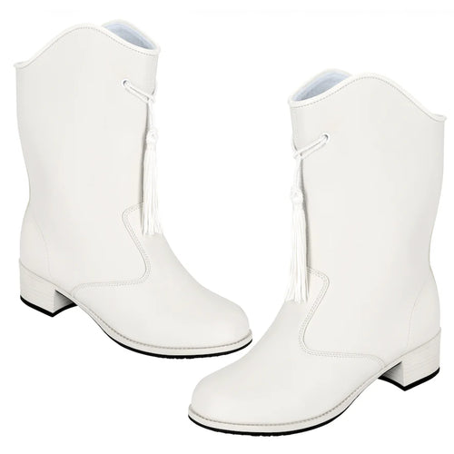 A pair of white leather ankle boots with low block heels, decorative tassel details, and a scalloped shaft, shown against a plain white background.