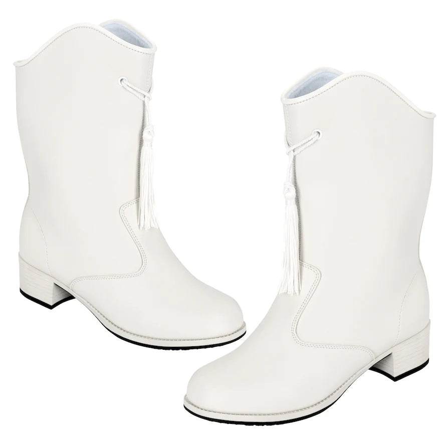 A pair of white leather ankle boots with low block heels, decorative tassel details, and a scalloped shaft, shown against a plain white background.