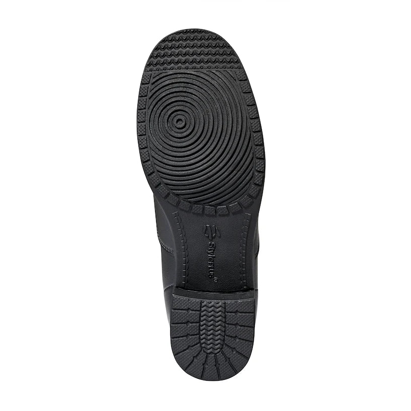 A top-down view of a black shoe sole, showing the tread pattern and embossed brand name 'SOL'S' on a plain white background.