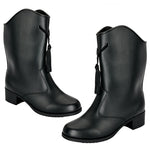 Pair of black leather boots with tassels on a white background