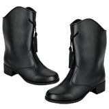 Pair of black leather boots with tassels on a white background