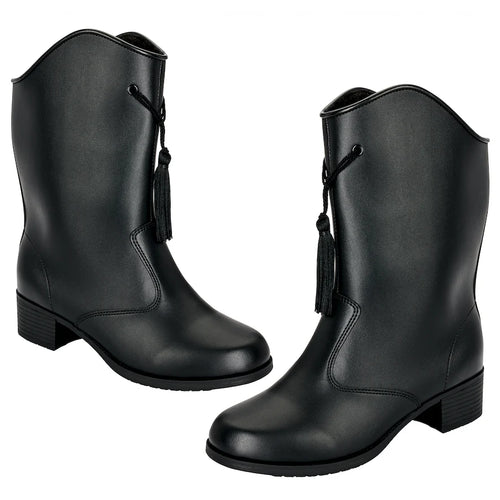 Pair of black leather boots with tassels on a white background