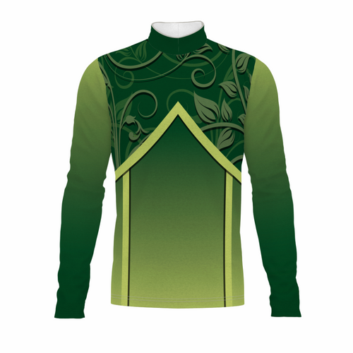 Green and light green long-sleeve top with decorative patterns on a white background