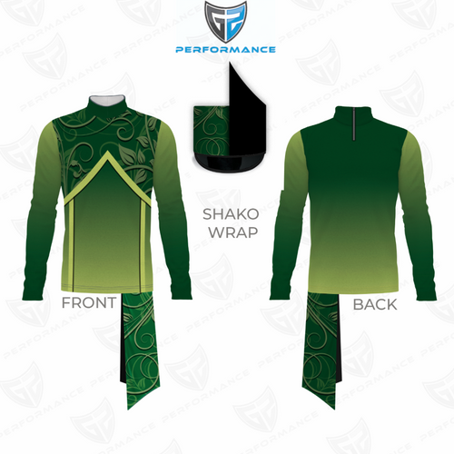 Green and black traditional outfit with shako wrap on a white background, featuring GF Performance logo.