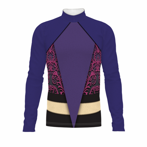 Purple long-sleeve top with patterned design on a white background