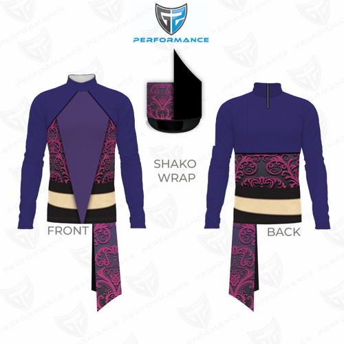 Purple and black traditional outfit with intricate patterns on a white background, featuring the 'Performance' brand logo.