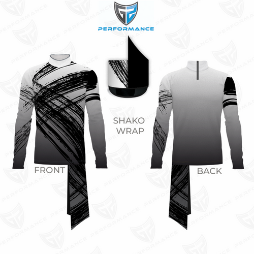 Long-sleeve athletic shirt with black and gray design on a white background, featuring 'Performance' branding.