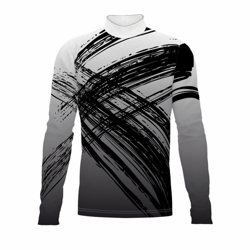 Long-sleeve shirt with black abstract pattern on a white background