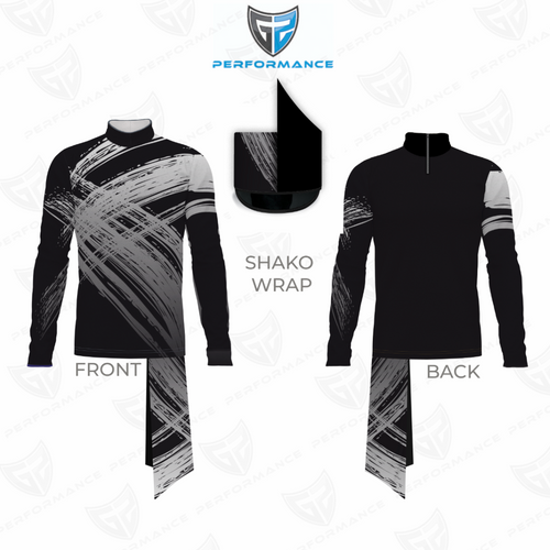 Black and gray long-sleeve shirt with geometric pattern, front and back views, on a white background with 'Performance' logo.