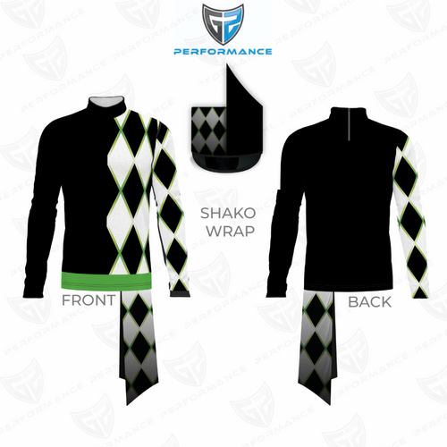 Jockey uniform with shako wrap design on a white background