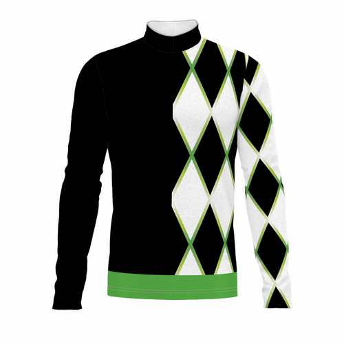 Black, white, and green argyle patterned sweater on a mannequin against a white background