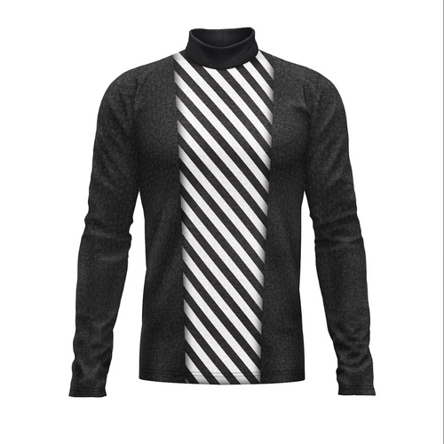 Black turtleneck sweater with a white diagonal stripe on a white background