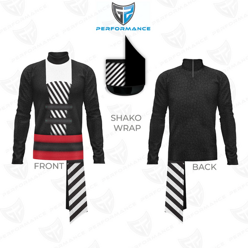Black and red shako wrap with front and back views on a white background, featuring the Performance logo.