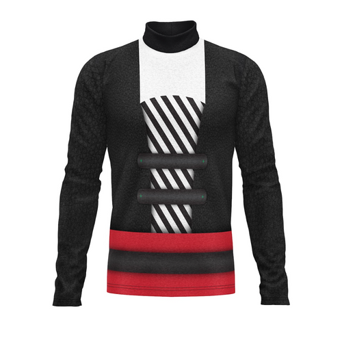 Black sweater with white and red design on a white background