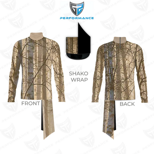 Camouflage shako wrap with front and back views on a white background, featuring the Performance logo.