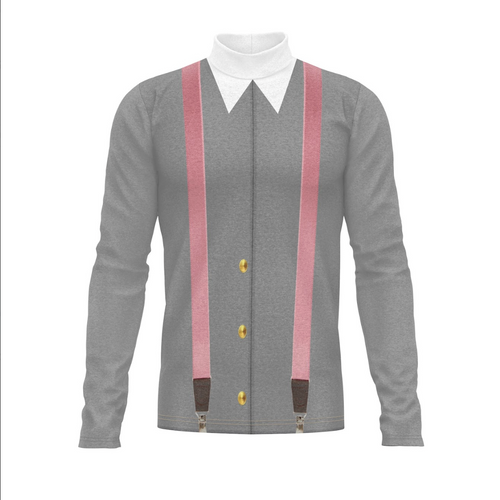 Gray cardigan with pink suspenders and gold buttons on a white background