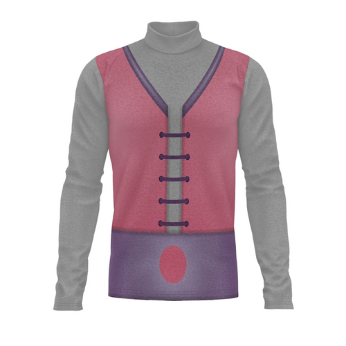 Gray turtleneck sweater with a pink and purple vest over it on a white background