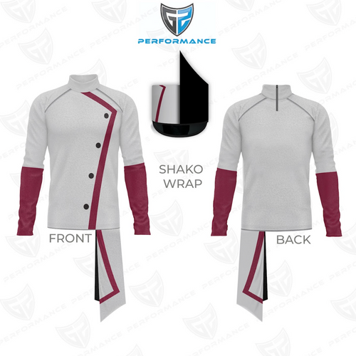 Gray and red uniform with shako wrap on a white background, featuring Performance logo.
