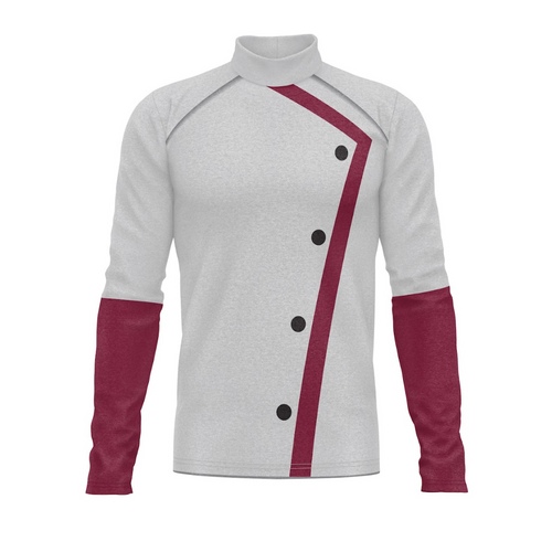 Gray sweater with red sleeves and black buttons on a white background
