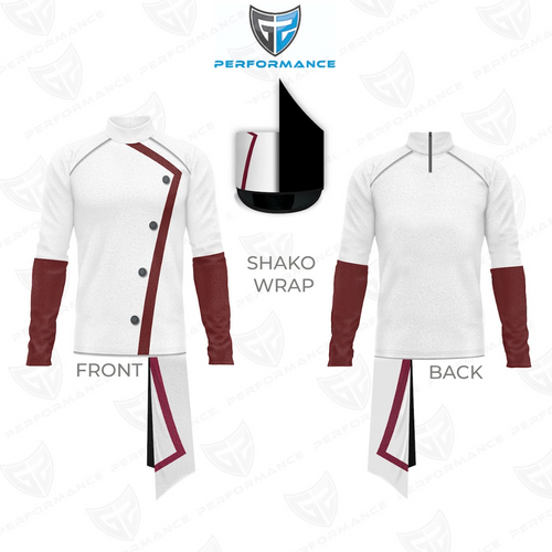 White and maroon uniform with shako wrap design on a white background, featuring Performance logo.